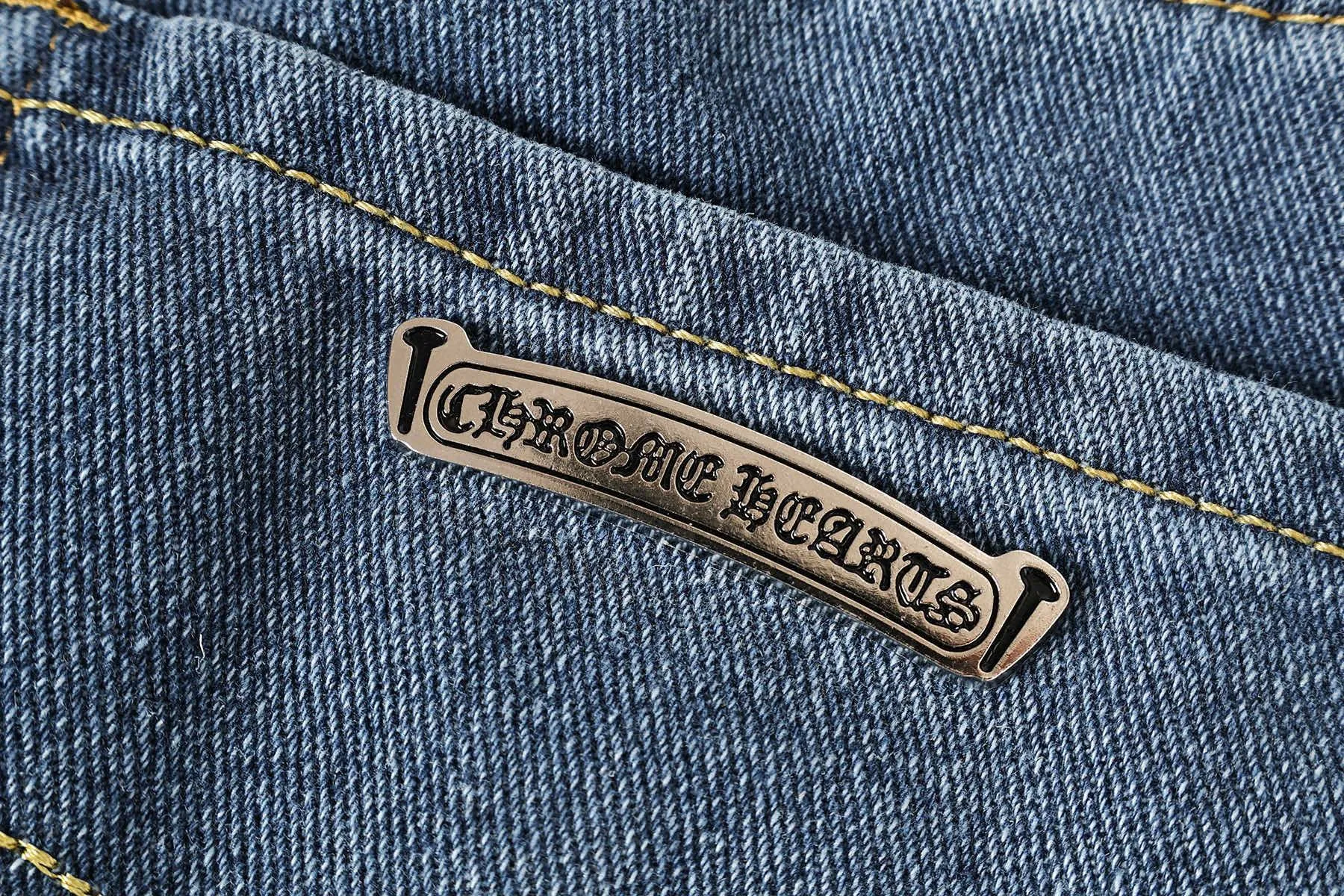 P270 Chrome Hearts/Chrome Hearts Classic Color Leather Cross Washed Color Fabric Unisex Denim Trousers Color: Picture Color Code Number: 28-36